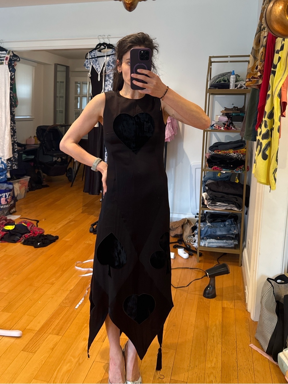 Vintage 90s Moschino Cheap & Chic Playing Card Dress Black Velvet Appliqué - Picture 2 of 14